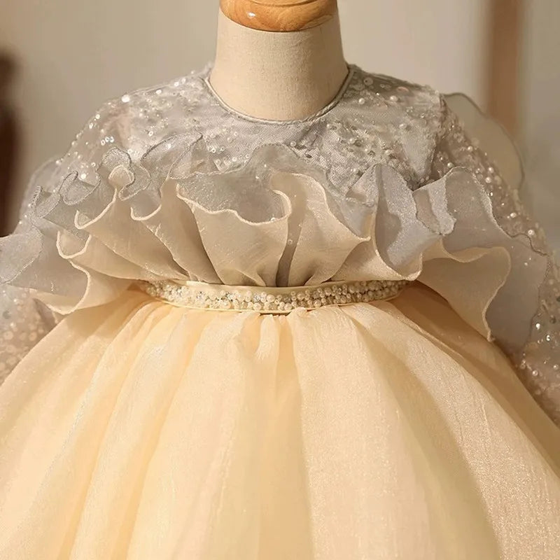 Champagne Ruffle Pearl Princess Dress