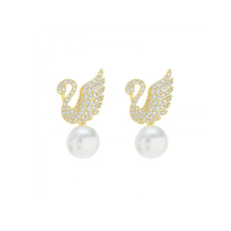 Silver 925 Swan Zircon Brick Stud Earrings with Pearl
