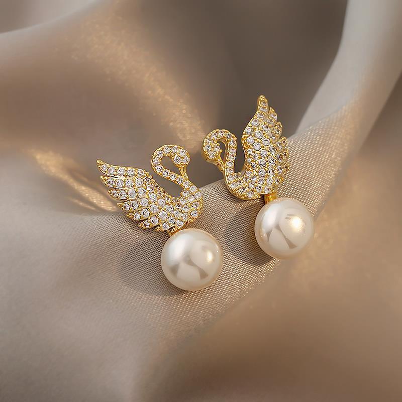 Silver 925 Swan Zircon Brick Stud Earrings with Pearl