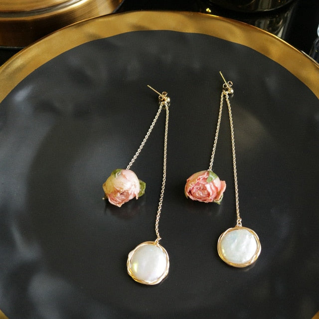 Handmade Natural Pearl Rose Earrings