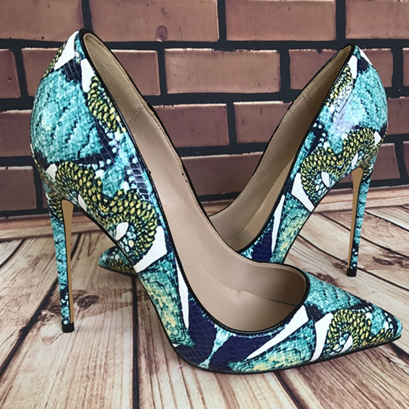 Floral Crocodile Effect Pointed Toe High Heels