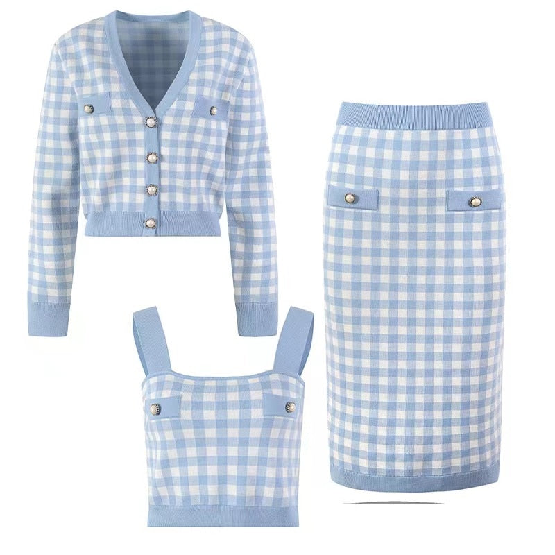 Chic Woolen Plaid Knit Set