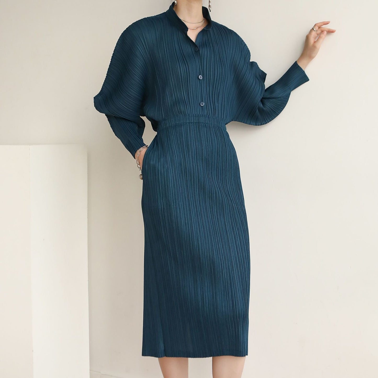 Pleated Horn Sleeve Shirt + High Waist Skirt