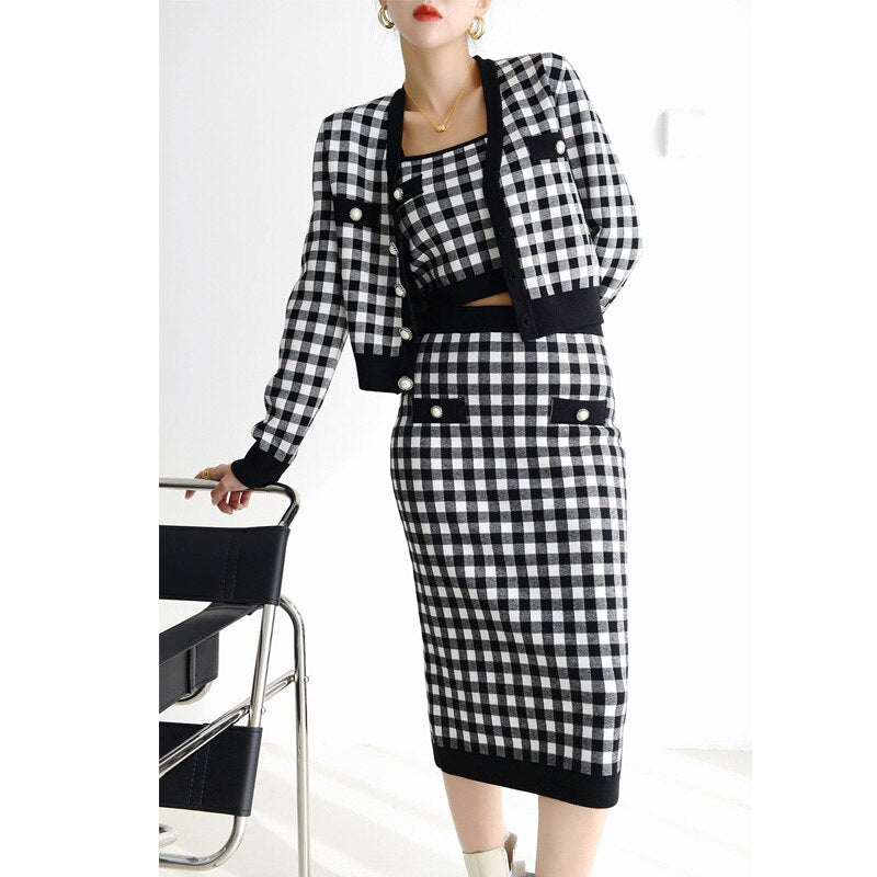 Chic Woolen Plaid Knit Set