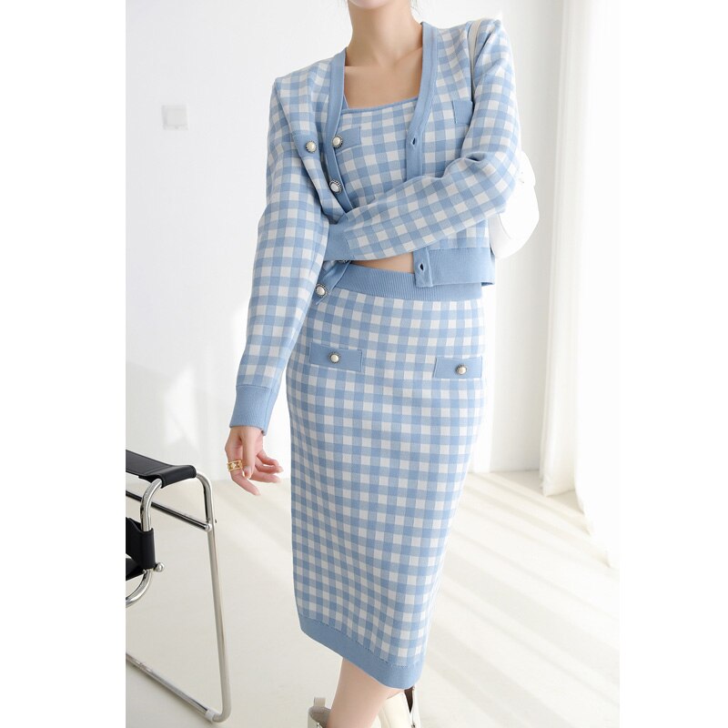Chic Woolen Plaid Knit Set