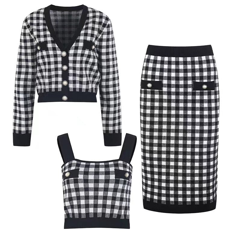 Chic Woolen Plaid Knit Set