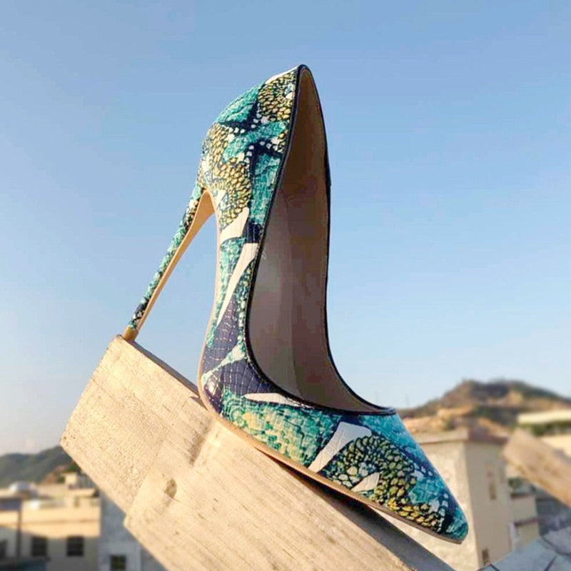 Floral Crocodile Effect Pointed Toe High Heels