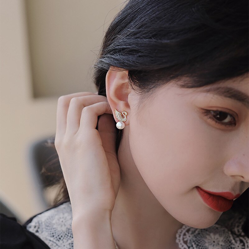 Silver 925 Swan Zircon Brick Stud Earrings with Pearl