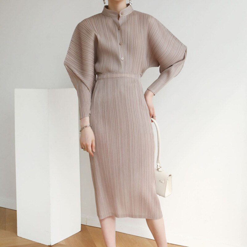 Pleated Horn Sleeve Shirt + High Waist Skirt