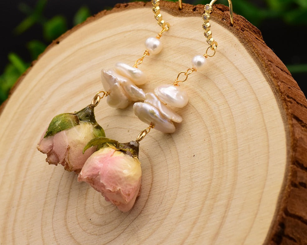 Handmade Natural Pearl Rose Earrings