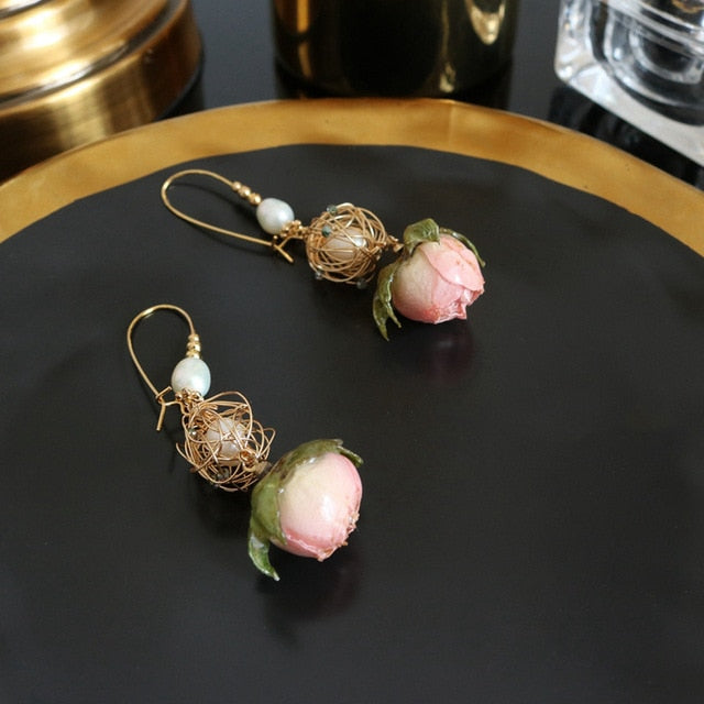 Handmade Natural Pearl Rose Earrings