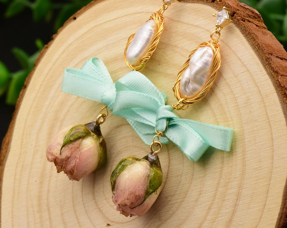 Handmade Natural Pearl Rose Earrings