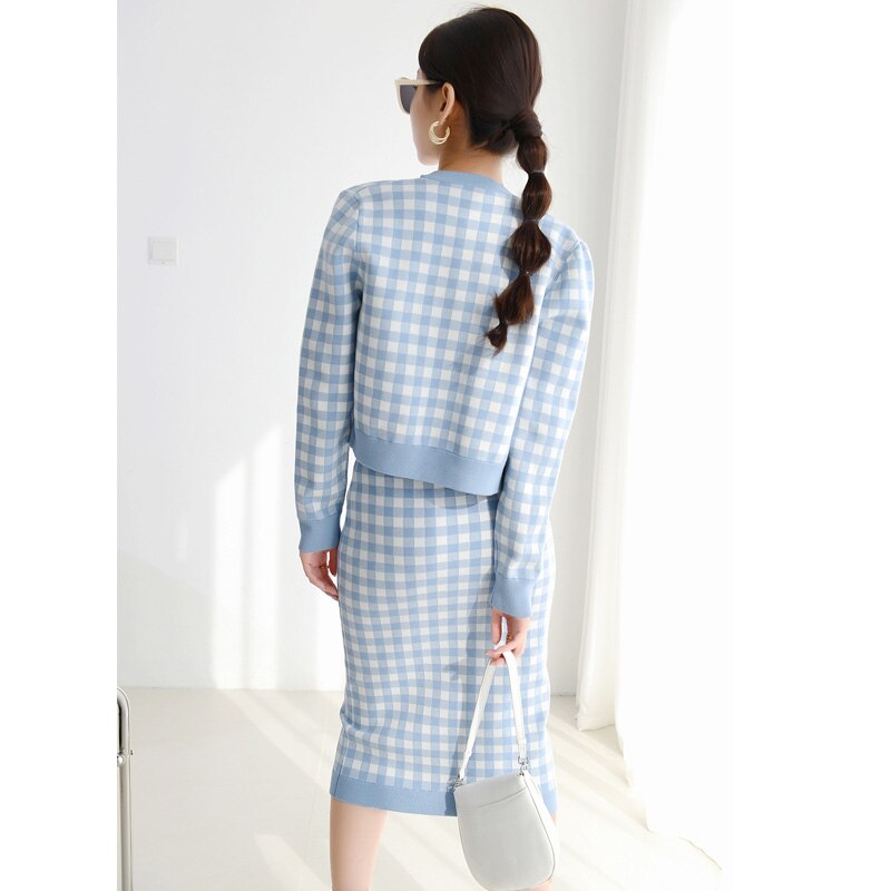 Chic Woolen Plaid Knit Set