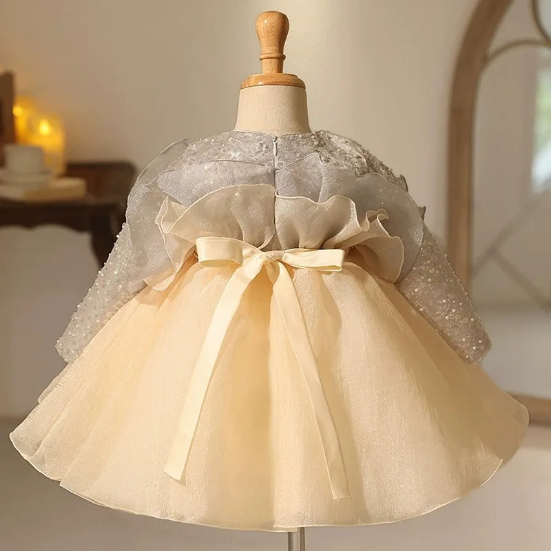 Champagne Ruffle Pearl Princess Dress