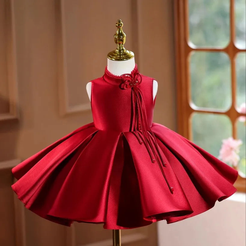 Crimson Silk Twirl Qipao Dress