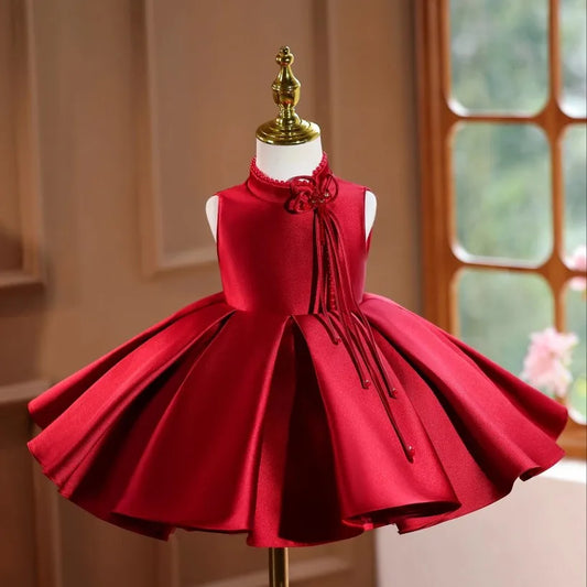 Crimson Silk Twirl Qipao Dress