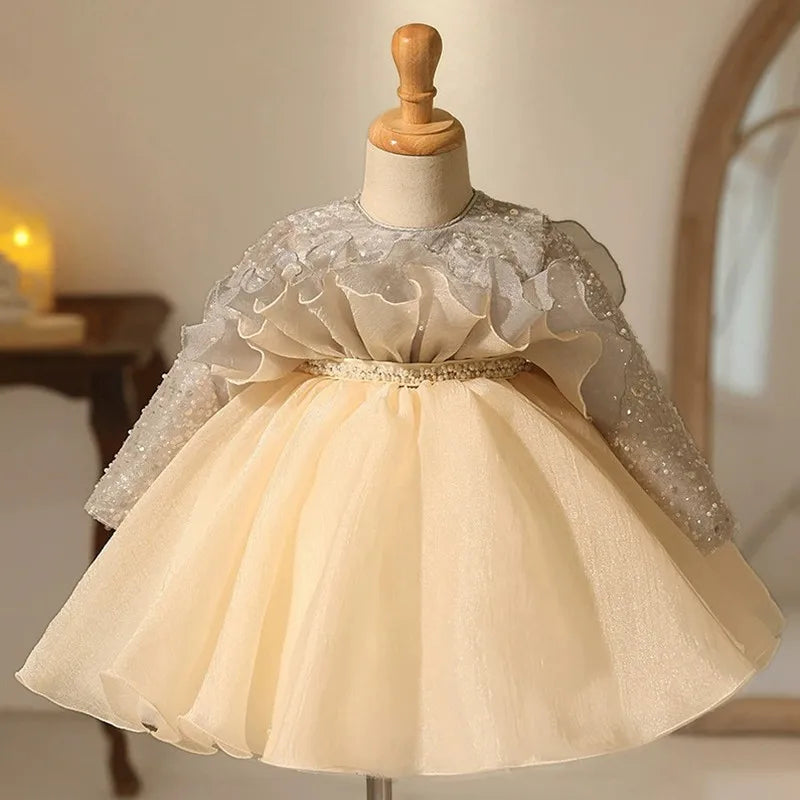Champagne Ruffle Pearl Princess Dress