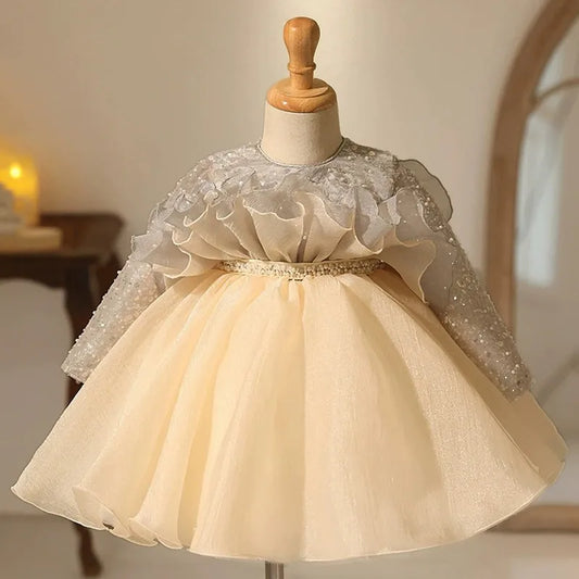 Champagne Ruffle Pearl Princess Dress
