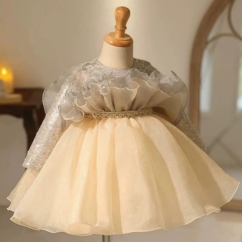Champagne Ruffle Pearl Princess Dress