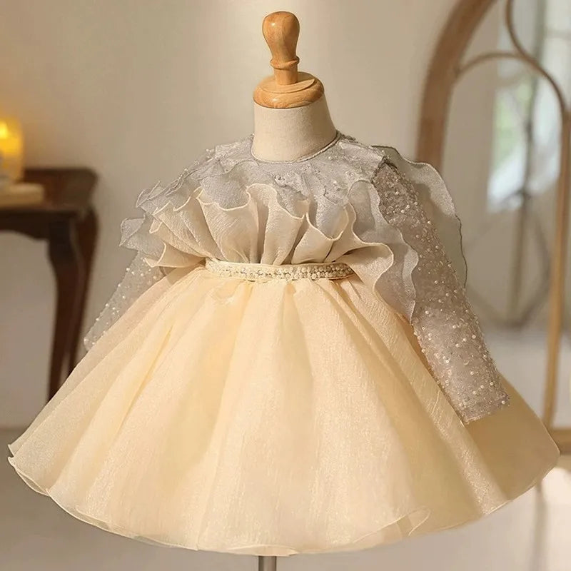 Champagne Ruffle Pearl Princess Dress