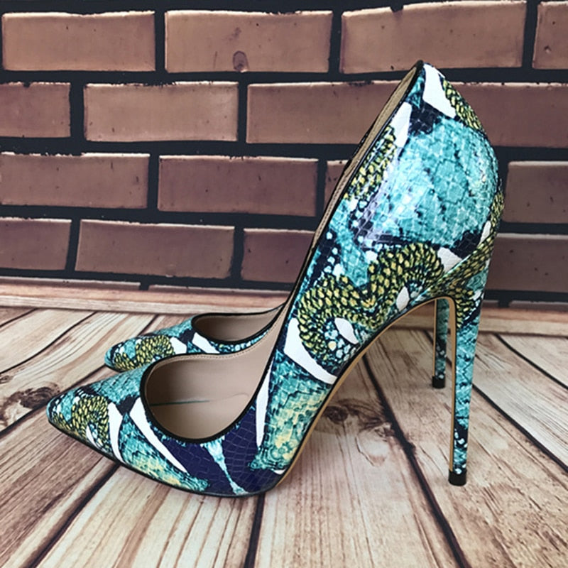 Floral Crocodile Effect Pointed Toe High Heels