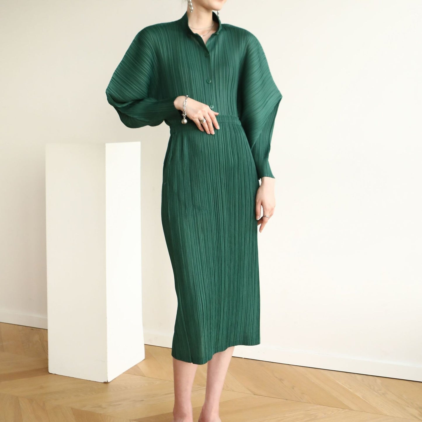 Pleated Horn Sleeve Shirt + High Waist Skirt