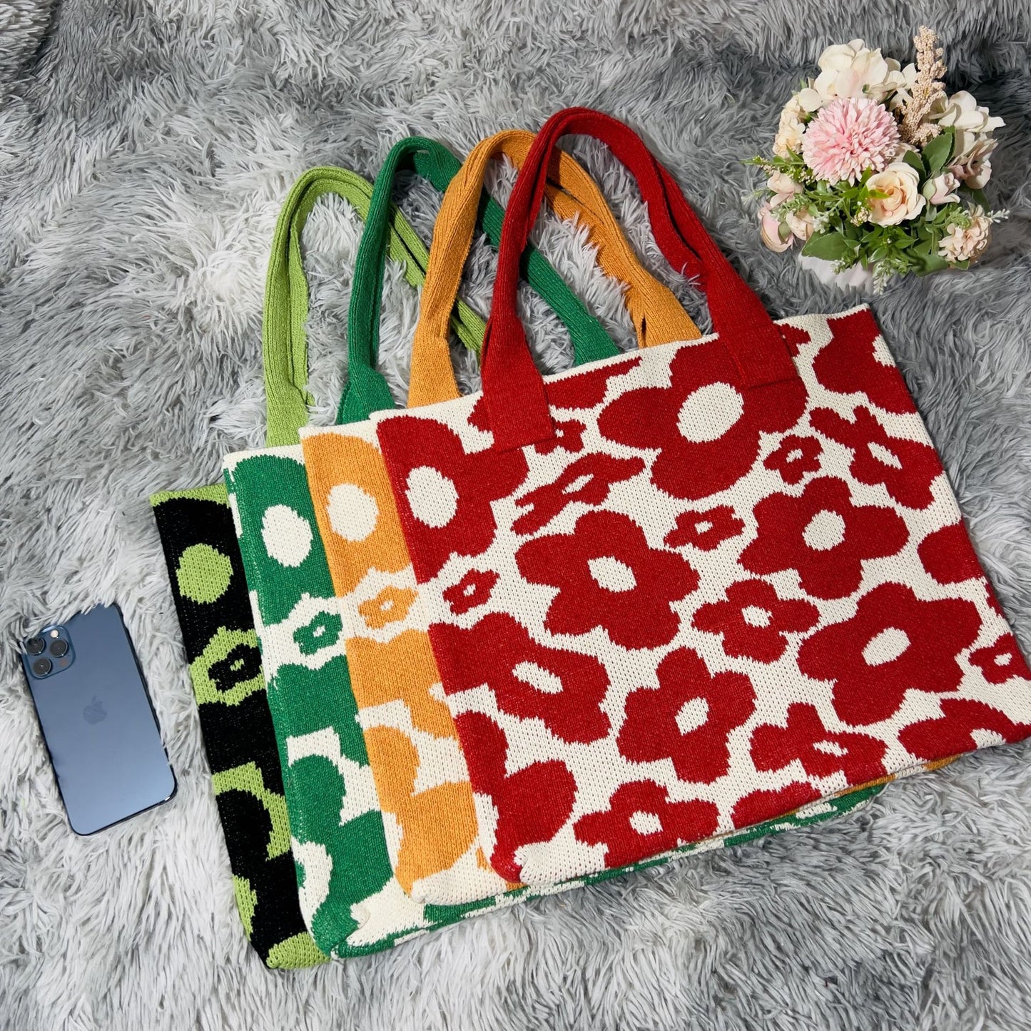 Trendy Knitted Flower Tote Bag