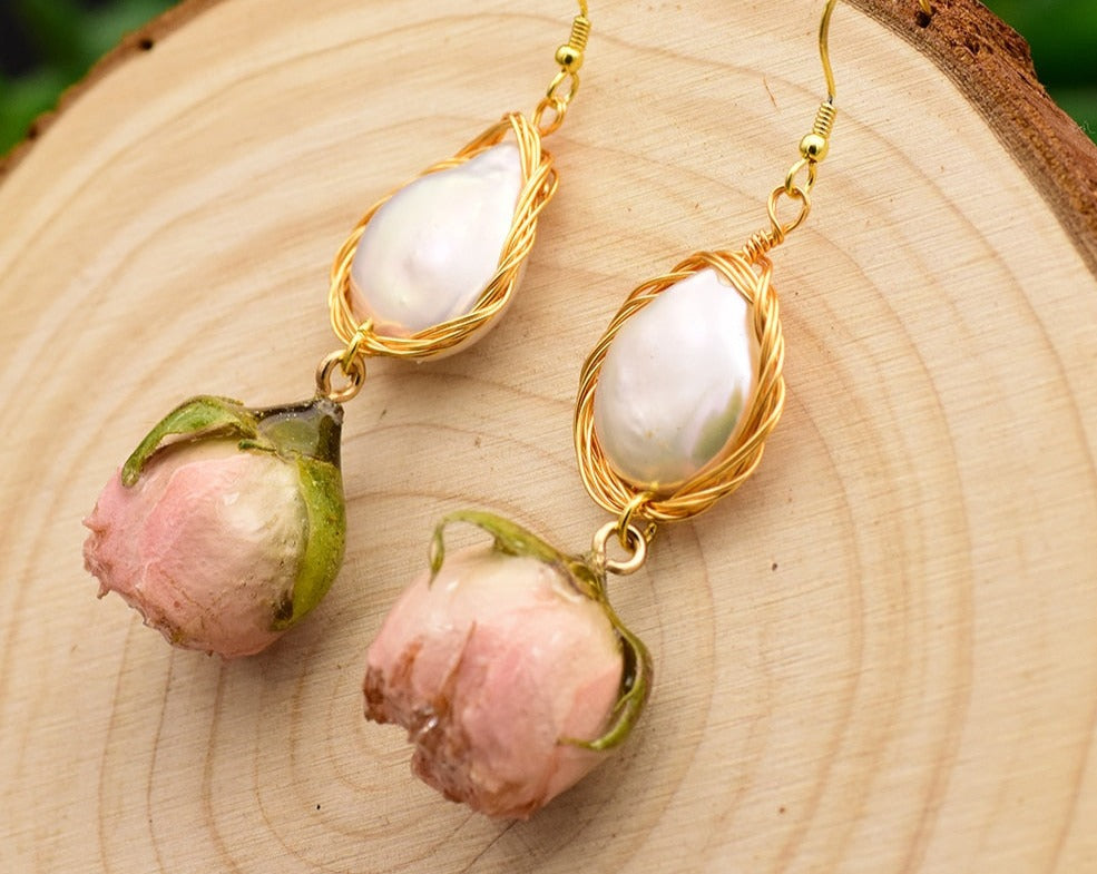Handmade Natural Pearl Rose Earrings