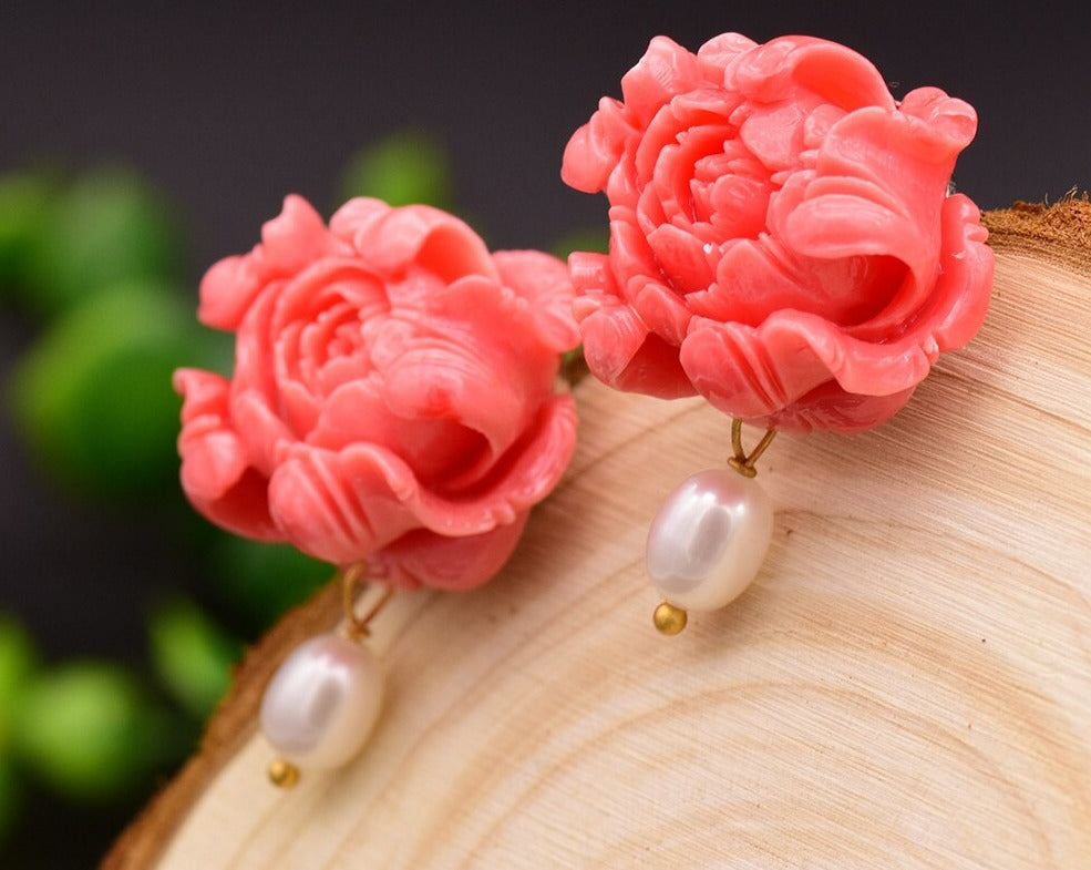 Handmade Coral Flower Pearl Earrings