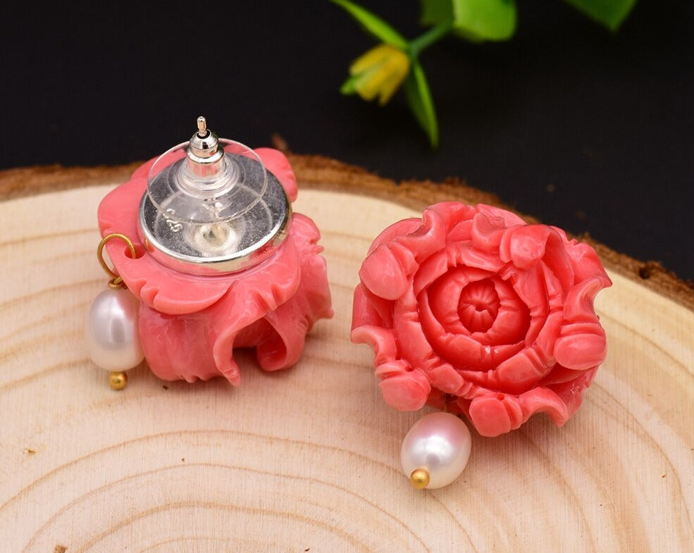 Handmade Coral Flower Pearl Earrings