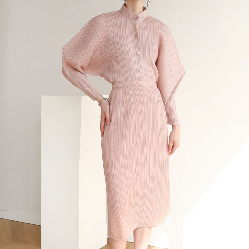 Pleated Horn Sleeve Shirt + High Waist Skirt