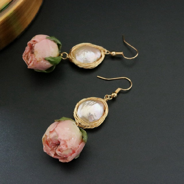 Handmade Natural Pearl Rose Earrings