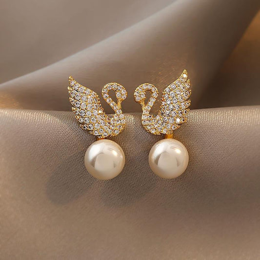 Silver 925 Swan Zircon Brick Stud Earrings with Pearl