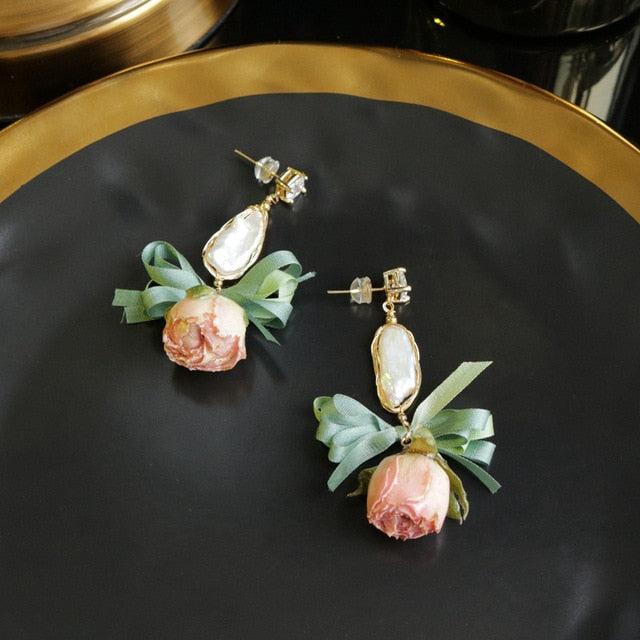 Handmade Natural Pearl Rose Earrings